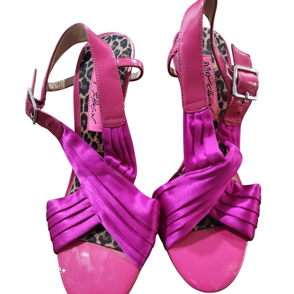 Betsey Johnson Pink Satin Heels Ankle Strap Stiletto Sandals Leopard 6